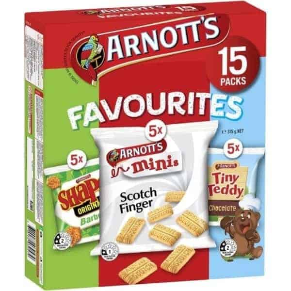 arnotts favourites bbq shapes scotch finger tiny teddy choc 15 pack 5 of each