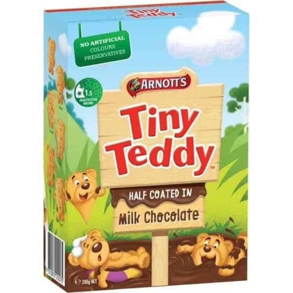 arnotts tiny teddy biscuits half coated chocolate 200g