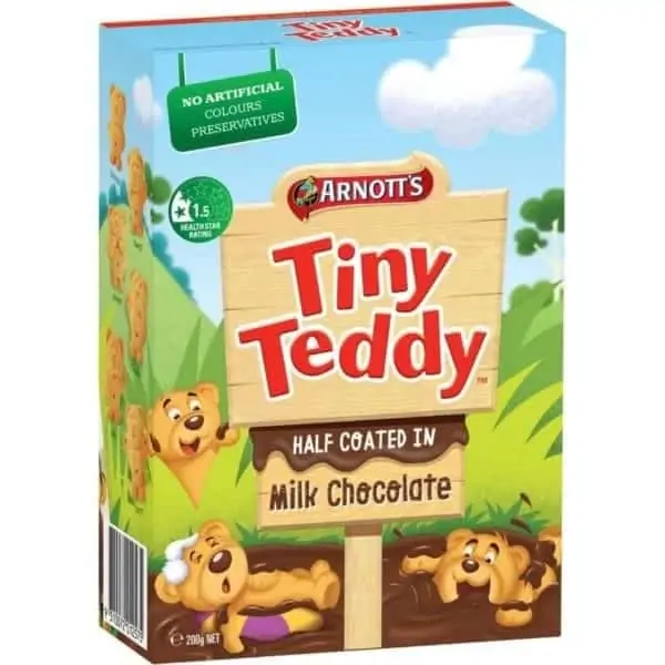 arnotts tiny teddy biscuits half coated chocolate 200g