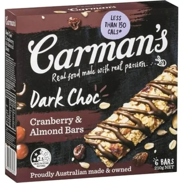 carmans dark choc cranberry almond bars 6 pack