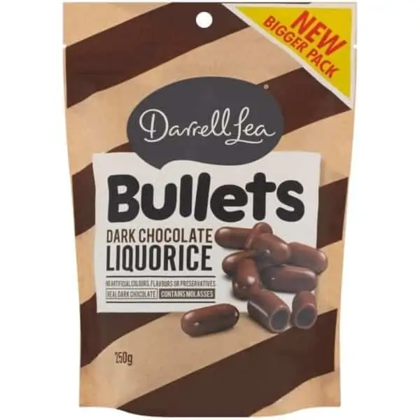 darrell lea dark chocolate liquorice bullets 250g