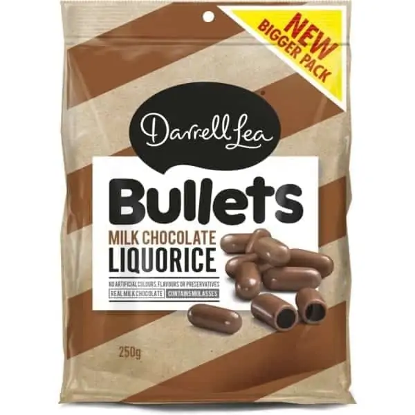 darrell lea milk chocolate liquorice bullets 250g