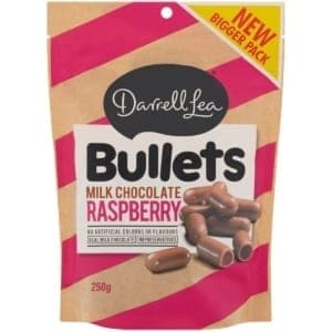 darrell lea raspberry chocolate liquorice bullets 250g