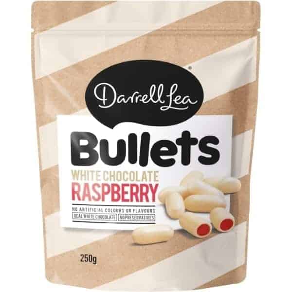darrell lea raspberry white chocolate liquorice bullets 200g