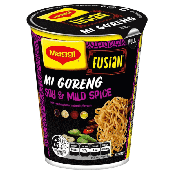 maggi fusian 2 minute instant mi goreng soy mild spice cup 64g