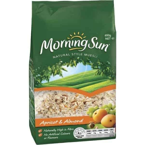 morning sun muesli natural style apricot almond 650g