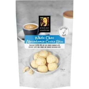 byron bay cookies gluten free white choc macadamia cookie bites 100g