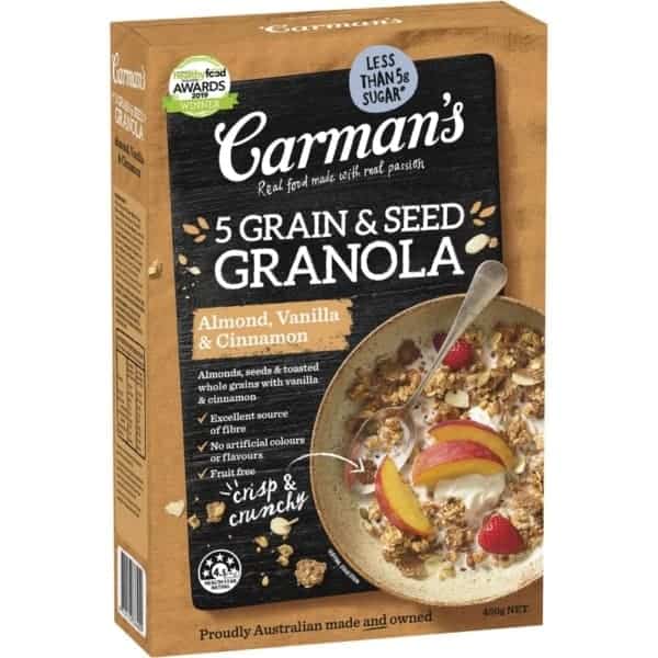carmans 5 grain seed granola almond vanilla cinnamon 450g