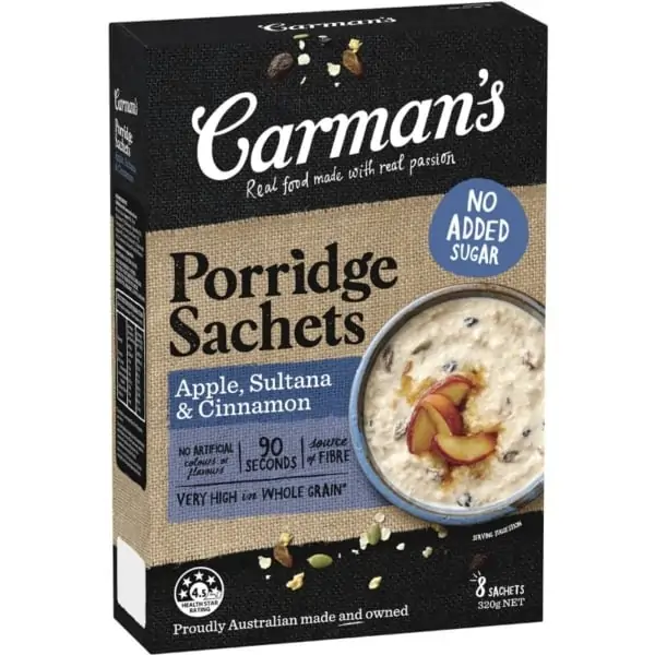 carmans gourmet porridge sachets apple sultana cinnamon 8x320g