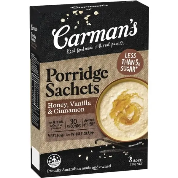carmans honey vanilla cinnamon gourmet porridge sachets 320g