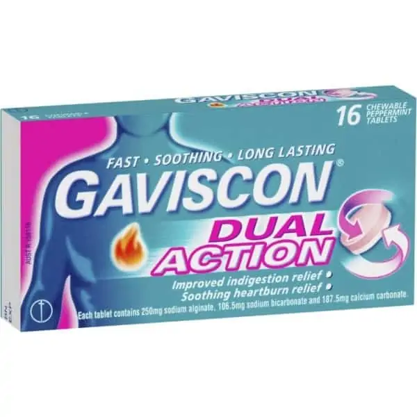 gaviscon dual action heartburn indigestion chewable tablets 16 pack