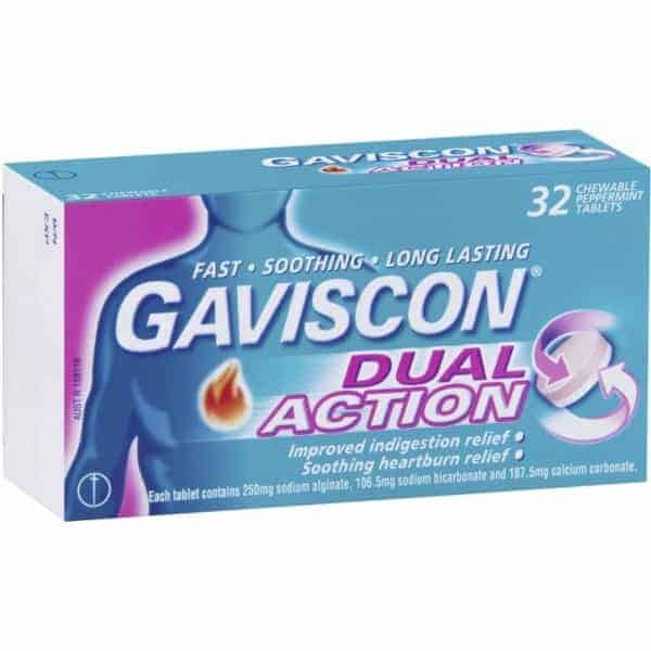 gaviscon dual action heartburn indigestion chewable tablets 32 pack