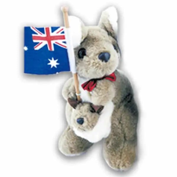 plush kangaroo and joey with australian flag