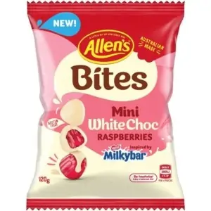 allens bites mini white choc raspberries 120g