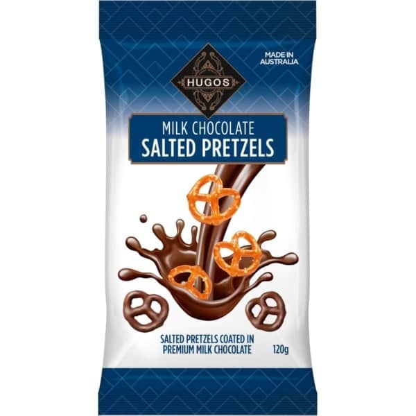 hugos salted milk chocolate pretzels 120g