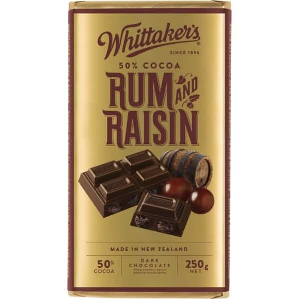whittakers rum and raisin chocolate block 250g