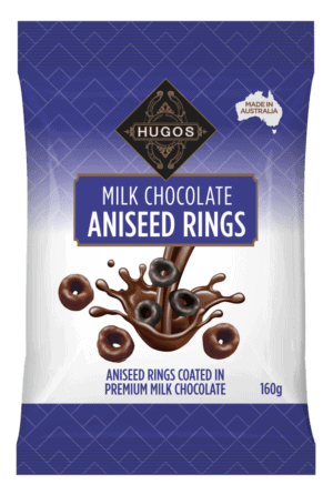 hugos confectionery milk chocolate aniseed rings 160g