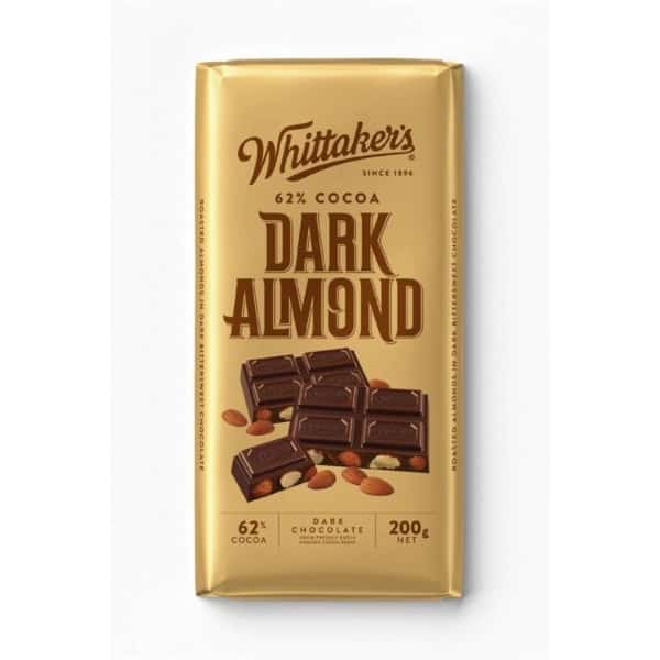 whittakers block chocolate dark almond 62