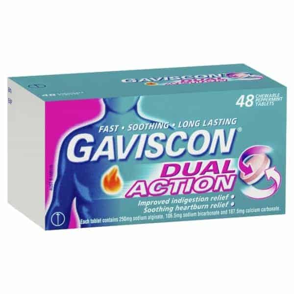 gaviscon dual action heartburn indigestion chewable tablets 48 pack