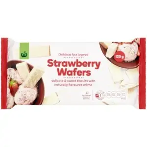 woolworths strawberry creme wafers 125g