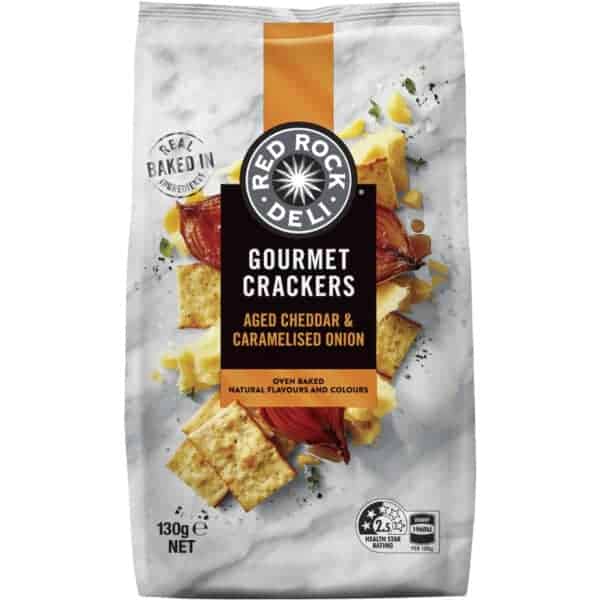 red rock deli gourmet crackers aged cheddar caramelised onion 130g