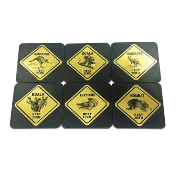 australian road sign metallic finish coasters 6 pack