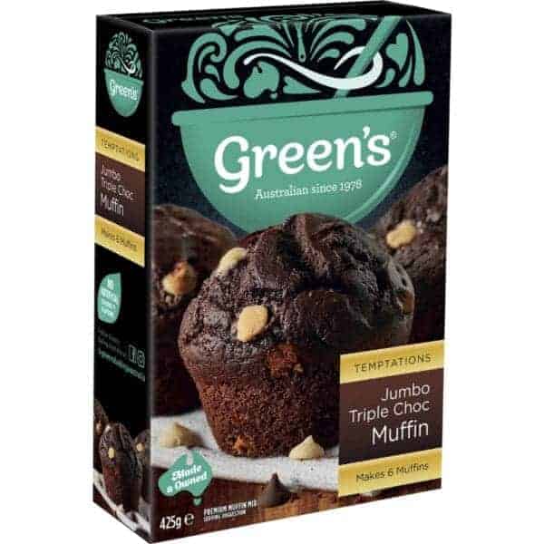green temptations jumbo triple choc muffin mix 425g