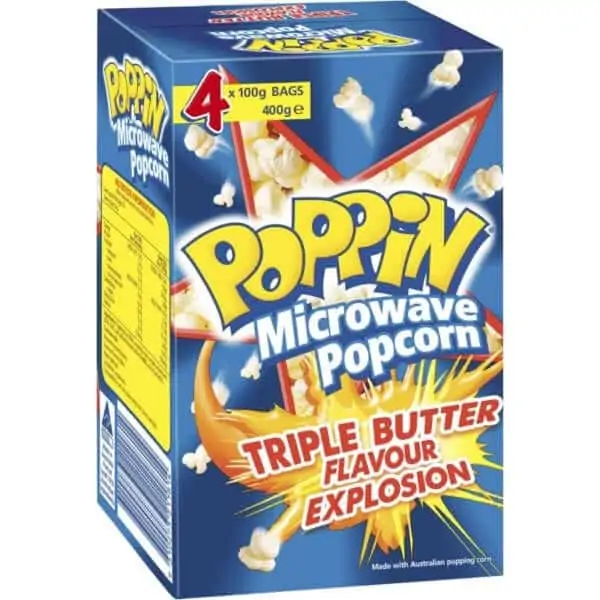 poppin microwave popcorn triple butter flavour explosion 100g x4 pack