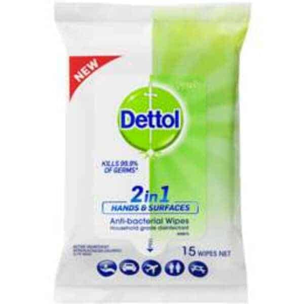 dettol 2 in 1 hands and surfaces antibacterial wipes 15 pack