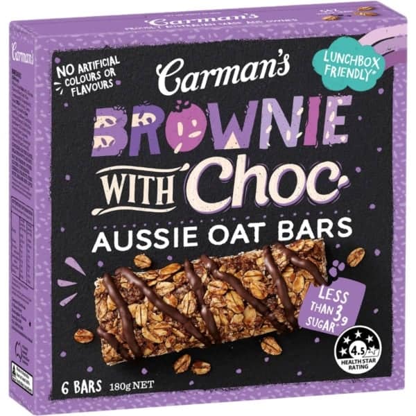 carman aussie oat muesli bars brownie with choc 6 pack