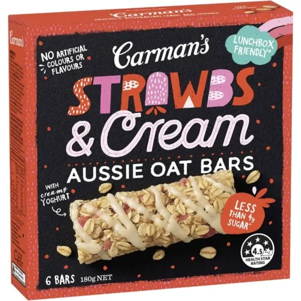 carman aussie oat muesli bars strawberries cream 6 pack