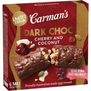 carman dark choc cherry coconut bar 210g