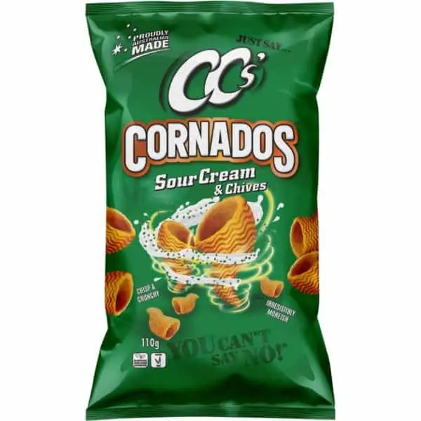 cc cornados corn chips sour cream chives 110g
