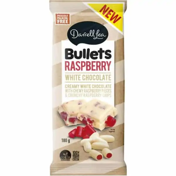 darrell lea white chocolate raspberry bullets block 180g