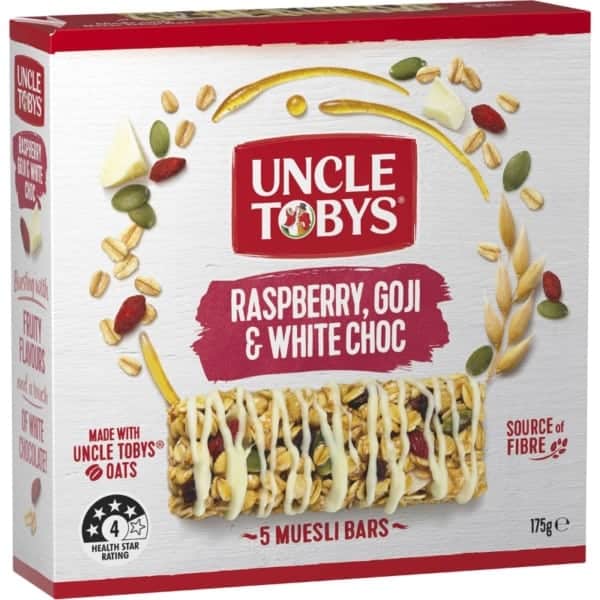 uncle tobys raspberry goji white chocolate muesli bar 5 pack