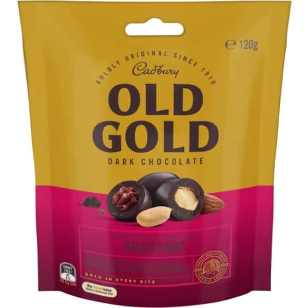 cadbury old gold fruit n nut dark chocolate coated bites 120g