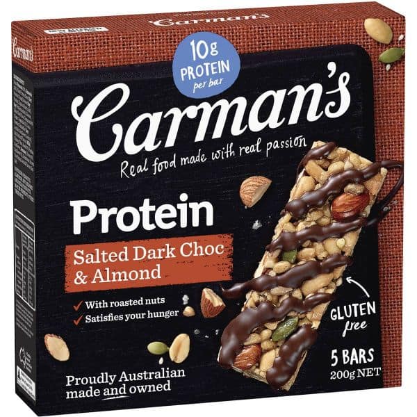 carmans salted dark choc almond gourmet protein bars 200g