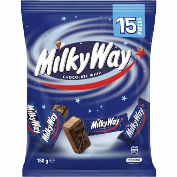 milky way chocolate medium party share bag 15 pieces 180g