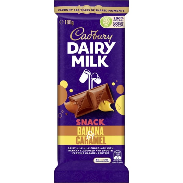 Cadbury Snack Banana Caramel Chocolate Block 180g