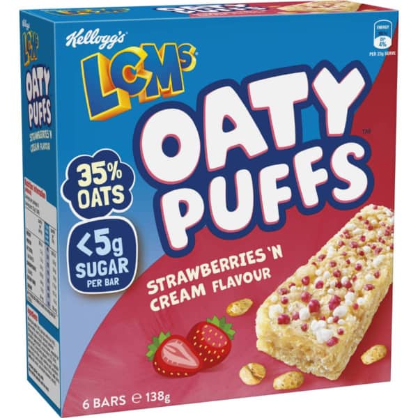 Kelloggs Lcms Oaty Puffs Strawberries n Cream Flavour 6 Pack 138g 1