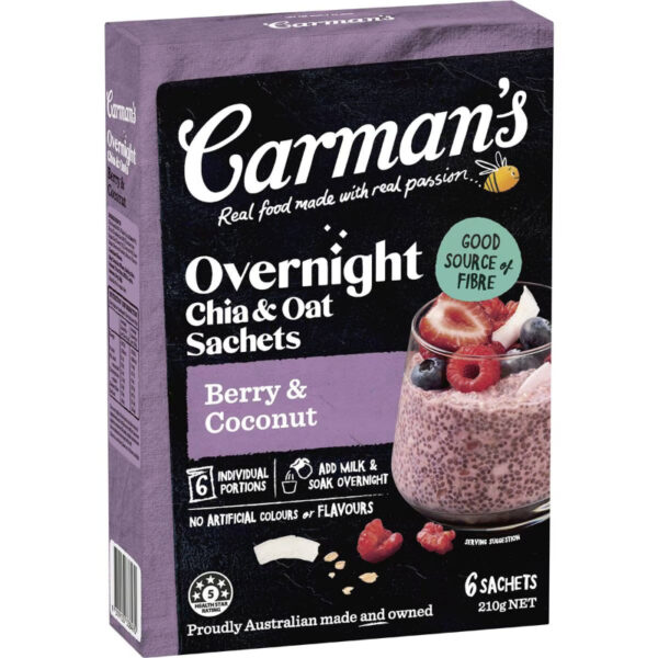 Buy Carmans Overnight Chia & Oat Sachets Berry & Coconut 6 Pack Online ...