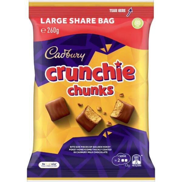 cadbury crunchie chunks chocolate bites large snack & share bag 260g