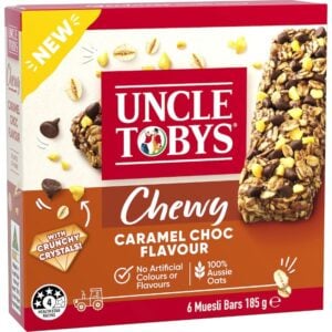 uncle tobys muesli bar chewy caramel choc 6 pack 185g