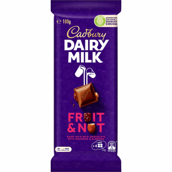 Bulk Cadbury Block Fruit & Nut 180g ($6.00 each x 12 units)