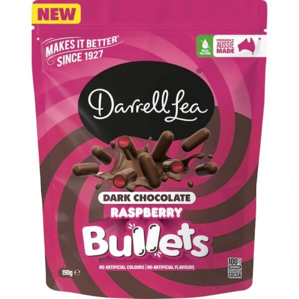 darrell lea raspberry bullets dark chocolate 190g