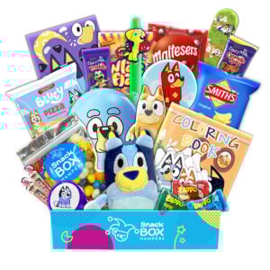 an australian gift hamper with bluey merchandise and snacks