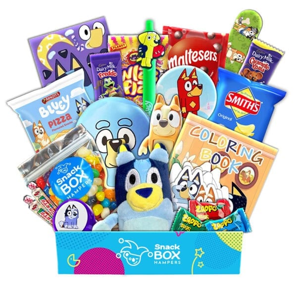 an australian gift hamper with bluey merchandise and snacks