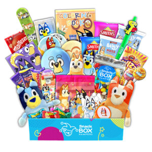 a large gift hamper with australian snacks and bluey toys and merchandise