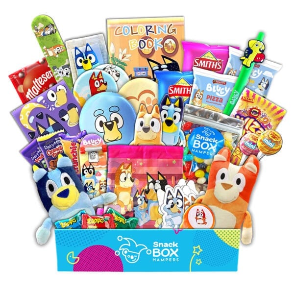 a large gift hamper with australian snacks and bluey toys and merchandise