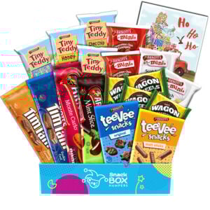 a christmas gift hamper containing australian arnotts biscuits